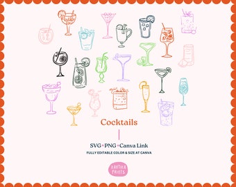 Hand Drawn Cocktails Illustration Bundle: SVG, PNG, Canva (Digital Download)