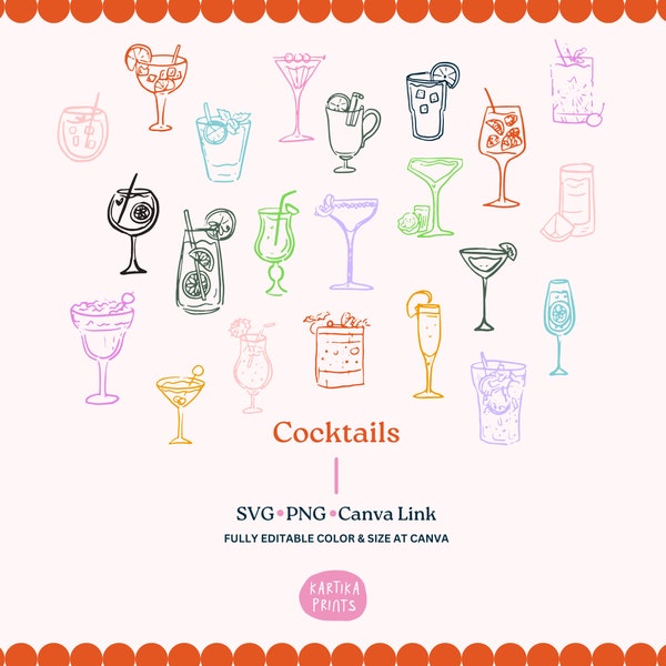 Bundle Hand Drawn Cocktails Outline Illustration SVG PNG, Cocktails Outline Hand Drawn, Cocktails Clip Art