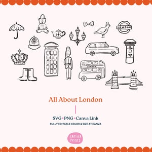 Bundle handgezeichnete Umriss-Illustration für London Wedding SVG PNG, Party-Einladungselement, Hochzeitseinladung ClipArt, London Outline Art