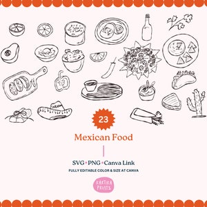 Puede incluir: Un conjunto de 23 dibujos en blanco y negro de alimentos mexicanos, incluyendo tacos, burritos, salsa, guacamole y un cactus. El texto "23 Mexican Food" está en la parte inferior de la imagen.