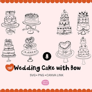 Hand Drawn Wedding Cake Clipart Bundle: Bow Accent (SVG, PNG, PDF Canva Link)