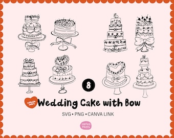 Hand Drawn Wedding Cake Clipart Bundle: Bow Accent (SVG, PNG, PDF Canva Link)