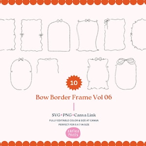 Hand Drawn Bow Border Frame Outline Illustration SVG PNG, Wavy Border with Bow in PNG, Hand Drawn Doodle Squiggle and Bow Set Border Frame
