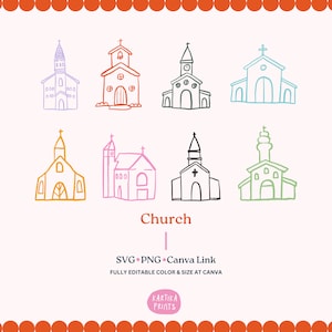Paquete de iglesia de boda dibujado a mano SVG PNG, paquete de lugar de boda, imágenes prediseñadas de la iglesia, dibujo de ChurchOutline para invitación de boda