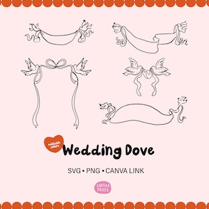 Pacote de pomba desenhado à mão SVG PNG, pacote de pomba de casamento, pássaro de pombo e clipart de banner, desenho de contorno de pássaro para convite de casamento