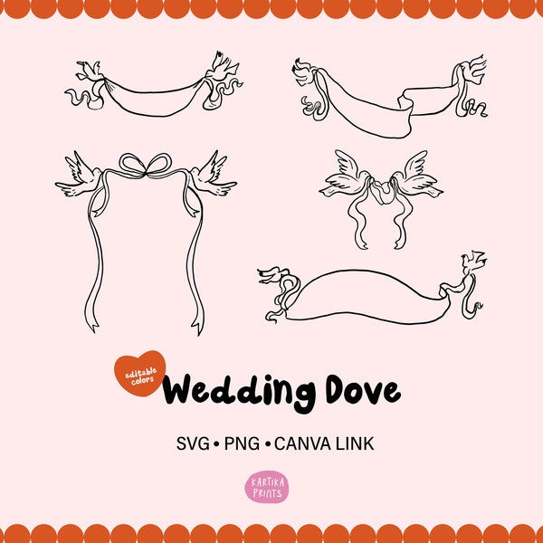 Hand Drawn Dove Bird Bundle SVG PNG, Wedding Dove Bundle, Pigeon Bird and Banner Clipart, Bird Outline Drawing for Wedding Invitation