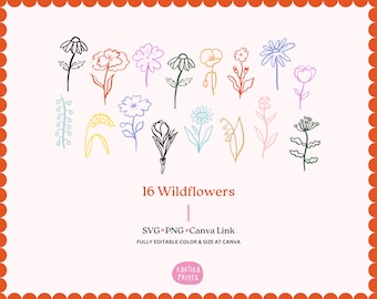 Wildflower Outline Illustration: Hand-Drawn Floral Clipart (SVG, PNG, Canva Editable)