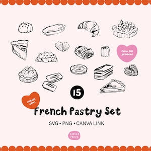 Pastelaria Francesa SVG PNG | Pacote mão desenhada ilustração de pão francês | Conjunto de ícones de menu de padaria | Jogo, de, pão Clipart