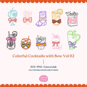 手描きのカクテルとリボンのイラスト SVG PNG、カラフルなカクテルのアウトラインの手描き、カクテルとリボンのクリップアートのバンドル