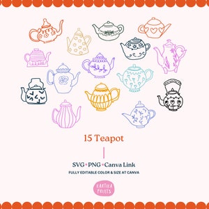 Bundle Teekanne Illustration SVG PNG Bundle - Handgezeichnete Teekanne Umriss, Zeichnung Vintage Teekanne Clipart, Tee Party Linie Kunst wunderlich Symbol
