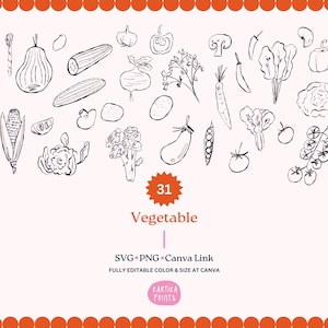 Paquete de ilustración de huerto de verduras SVG PNG Bundle - Esquema de verduras dibujadas a mano, dibujo de varias imágenes prediseñadas de verduras y doodle de arte de línea de boceto