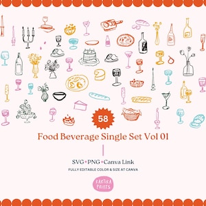 Comida italiana e jantar ilustração SVG PNG Bundle - Desenho de esboço de comida italiana desenhado à mão clipart, esboço de jantar linha arte ícone caprichoso
