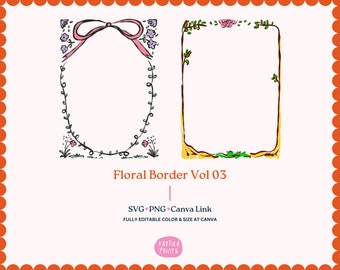 May include: Two floral border designs. One is an oval shape with a pink bow and floral accents. The other is a rectangular frame with floral and leaf accents. The text "Floral Border Vol 03" is displayed.