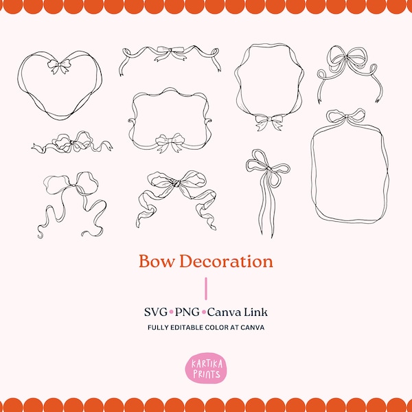 Hand Drawn Bows Illustration Bundle SVG PNG - Whimsical Bow Decoration Clip Art Outline Icon For Wedding Invitation, Drawing Ribbon Cut File