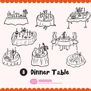 Mesa de jantar desenhada à mão SVG PNG | Ícone de convite de casamento de ensaio de desenho | Arquivo de corte de clipart de festa de jantar transparente