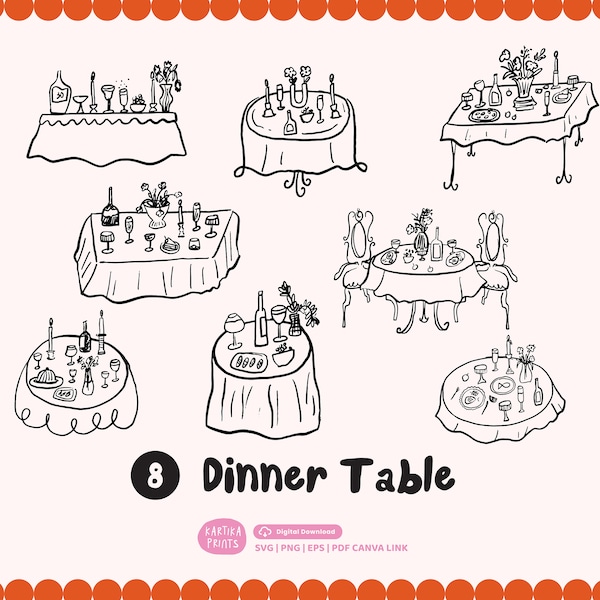 Bundle Hand Drawn Dinner Table SVG PNG | Drawing Rehearsal Wedding Invitation Icon | Dinner Party Clip Art Cut File Transparent