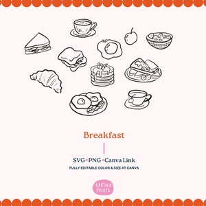 Paquete de desayuno SVG PNG / Paquete dibujado a mano varias ilustraciones de desayuno / Conjunto de iconos de menú de restaurante / Conjunto de imágenes prediseñadas de desayuno