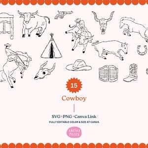 Western Cowboy Hand Drawn Outline Illustration SVG PNG, Cowboy Birthday Party Invitation Elements, Western Clip Art