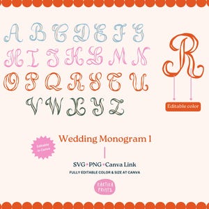 May include: A collection of stylized wedding monograms in various colors, including blue, pink, and orange. The image features the alphabet from A to Z, with an example of the letter "R" highlighted. Text includes "Wedding Monogram 1" and "Editable color".