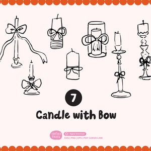 Handgezeichnete Kerze mit Schleife Bundle Illustration SVG PNG | Handgezeichnet Kerze Clip Art Gliederung für Hochzeitseinladung | Kokette Kerze Doodle