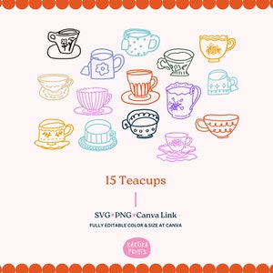Bundle Teetasse Illustration SVG PNG Bundle - Handgezeichnete Teetasse Umriss, Zeichnung Vintage Tasse Clipart, Tee Party Skizze Linie Kunst Wunderlich Symbol