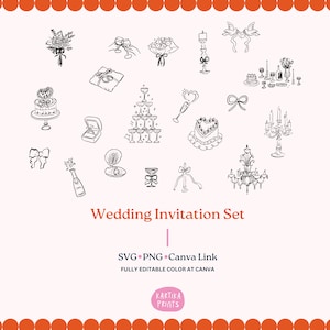 Pacchetto Illustrazione disegnata a mano del contorno per l'invito a nozze SVG PNG, Elementi dell'invito alla festa, ClipArt dell'invito a nozze