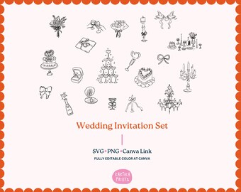 Hand Drawn Wedding Invitation Illustrations: SVG, PNG, Canva Editable (Digital Download)