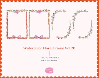 May include: Watercolor floral frame set featuring rectangular and curved designs. The frames are adorned with watercolor flowers and ribbons in shades of pink, red, and yellow. The text "Watercolor Floral Frame Vol 20" is displayed below the frames.