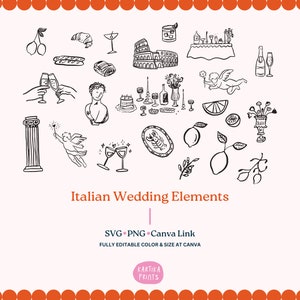 Pacchetto Illustrazione disegnata a mano per matrimonio italiano SVG PNG, Elementi di invito alla festa, ClipArt di invito al matrimonio