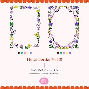 Floral Border Frame Hand Drawn Illustration SVG PNG, Wavy Border with Floral in PNG, Hand Drawn Doodle Frame, Bow Border and Floral