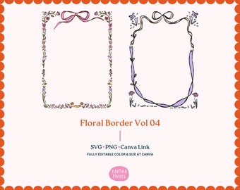 May include: Two floral border frames with ribbons. The frame on the left has a pink ribbon and a floral border in shades of pink, purple, yellow, and green. The frame on the right has a purple ribbon and a floral border in shades of purple and green. The text "Floral Border Vol 04" is below the frames. The text "SVG.PNG Canva Link" is below the text "Floral Border Vol 04". The text "FULLY EDITABLE COLOR & SIZE AT CANVA" is below the text "SVG.PNG Canva Link". The text "KARTIKA PRINTS" is below the text "FULLY EDITABLE COLOR & SIZE AT CANVA".