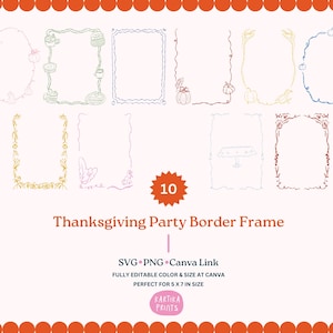 Peut inclure: Une collection de dix cadres de bordure sur le thème de l'Action de grâce, avec des citrouilles et du feuillage d'automne. Les cadres sont de différentes couleurs et formes, avec le texte "Thanksgiving Party Border Frame".