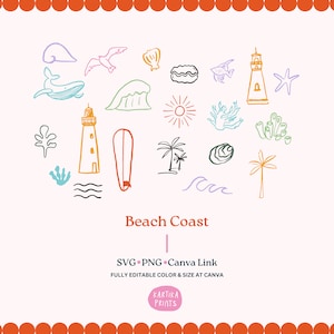 Ilustración temática de playa de verano costera y tropical SVG PNG, invitación de boda costera dibujada a mano Ilustración Clip Art
