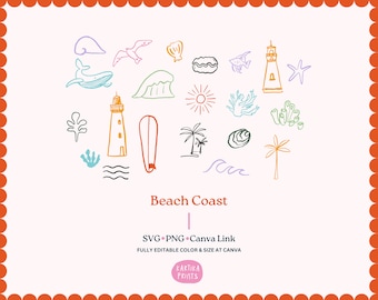Coastal Beach Illustration Clip Art: Hand-Drawn Tropical Graphics (SVG, PNG, Canva Editable)