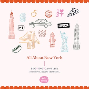 Paquete de ilustración de esquema dibujado a mano para boda de Nueva York SVG PNG, elementos de invitación de fiesta, clip art de invitación de boda
