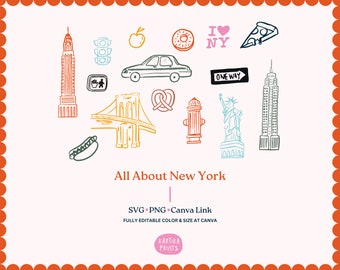 New York Wedding Illustration Bundle: Hand-Drawn Invitation Clipart (SVG, PNG, PDF Canva Link)