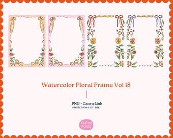 May include: Four watercolor floral frames with yellow, pink, blue, and red ribbons. The frames are perfect for 5x7 inch prints. The text "Watercolor Floral Frame Vol 18" and "PNG Canva Link" is at the bottom of the image.