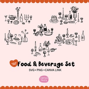 Handgezeichnetes Essen und Trinken Set SVG PNG, Italienisches Essen und Trinken Clipart, Hochzeit Probe Abendessen Doodle, Die Nacht vor dem Essen Bundle