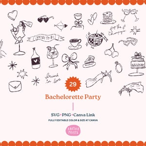 Pacote de ilustração de contorno desenhado à mão para festa de despedida de solteira SVG PNG, elementos de convite de festa, clipart de festa de despedida de solteira