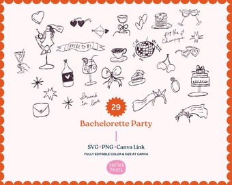 Bachelorette Party Hand-Drawn Clipart: SVG, PNG, Canva Editable (Digital Download)