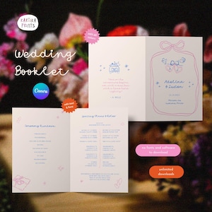 Modelo de programa de cerimônia de casamento caprichoso no Canva | Ordem de serviço de casamento com laço desenhado à mão | Livreto de casamento Itália e laço | 0001