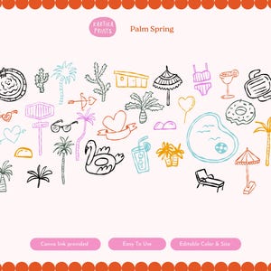 Enhance your designs with our bundle of 31 hand-drawn Palm Spring wedding invitation assets, editable in Canva. Perfect for wedding invitations, gala dinners, or engagement parties, adding a personal touch to any event