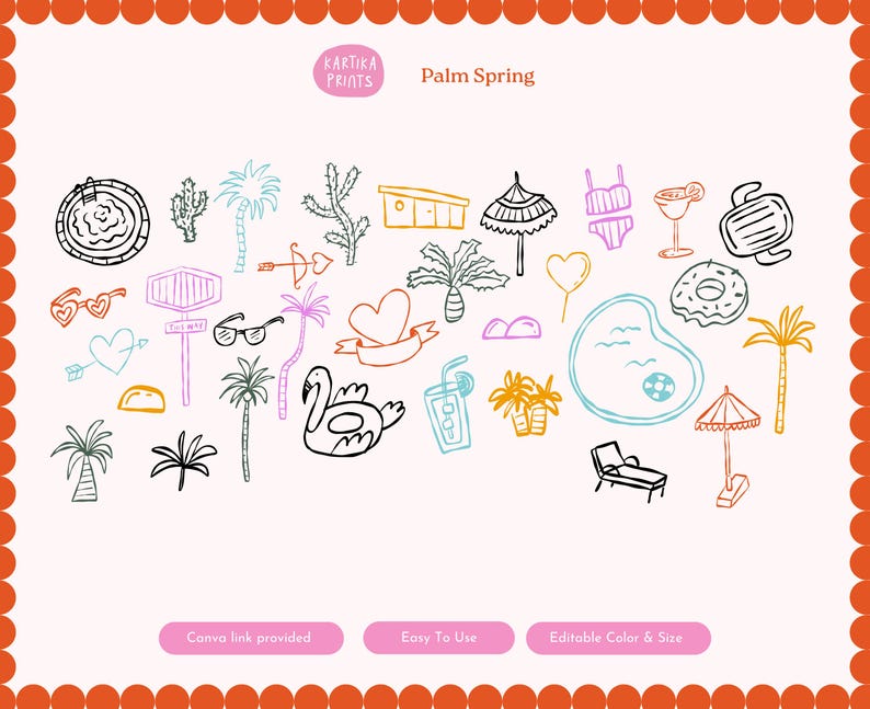 Enhance your designs with our bundle of 31 hand-drawn Palm Spring wedding invitation assets, editable in Canva. Perfect for wedding invitations, gala dinners, or engagement parties, adding a personal touch to any event