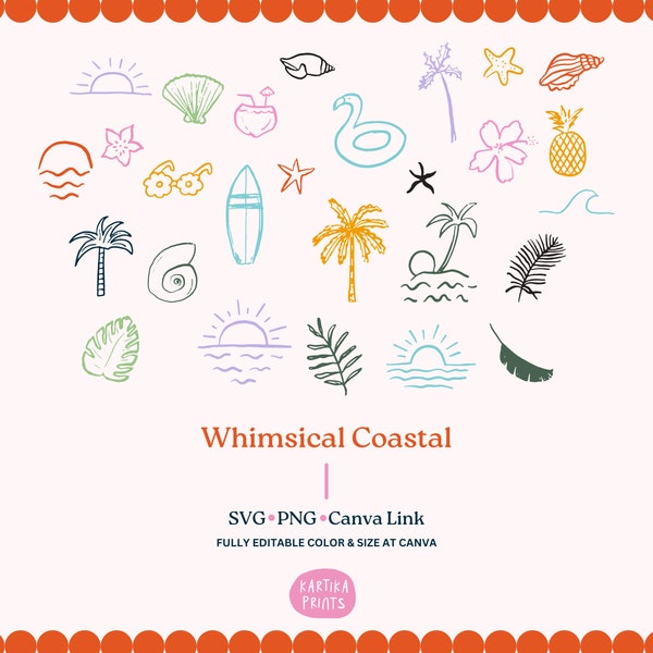 Coastal and Tropical Summer Beach Theme Illustration SVG PNG, Hand Drawn Coastal Wedding Invitation Illustration Clip Art