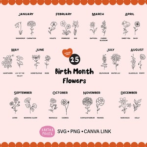 Birth Month Flower SVG Bundle: Botanical Designs Canva Editable (Digital Download)