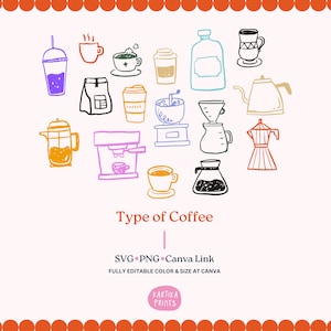 Paquete de ilustración de café SVG PNG paquete - contorno de café dibujado a mano, dibujo de imágenes prediseñadas de café, icono caprichoso de arte de línea de café