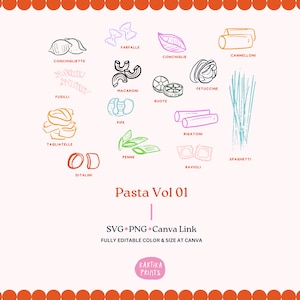 Ilustração de macarrão SVG PNG pacote - contorno de comida italiana desenhado à mão, desenho de espaguete clipart, penne e fettuccine esboço arte de linha