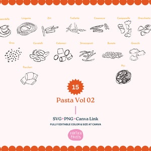 Pasta Illustration SVG PNG Bundle - Hand Drawn Italian Food Outline, Drawing Spaghetti Clipart, Penne and Fettuccine Sketch Line Art