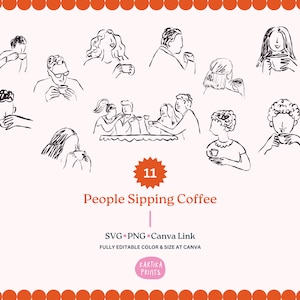 Bundle People Sipping Coffee Illustration SVG PNG Bundle - Hand Drawn Coffee Outline, Drawing Coffee Clipart, Coffee Shop Whimsical Line Art