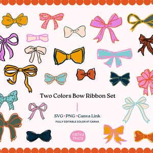 Hand Drawn Colorful Bows Illustration Bundle SVG PNG - Whimsical Bow Clip Art Outline Icon For Wedding Invitation, Drawing Ribbon Cut File